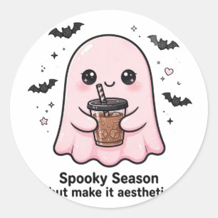 Cute Pink Ghost Iced Coffee - Spooky Season but ma Classic Round Sticker