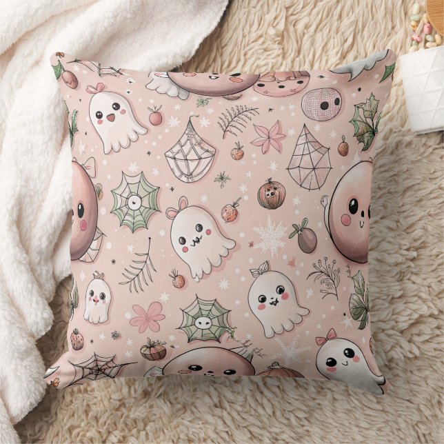 Cute Pink Ghost & Pastel Halloween Seamless Cushion (Blanket)