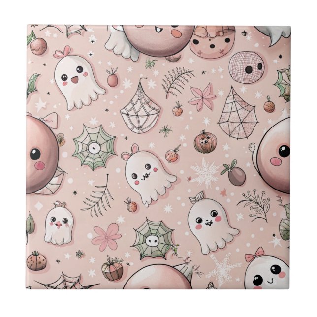 Cute Pink Ghost & Pastel Halloween Seamless Tile (Front)