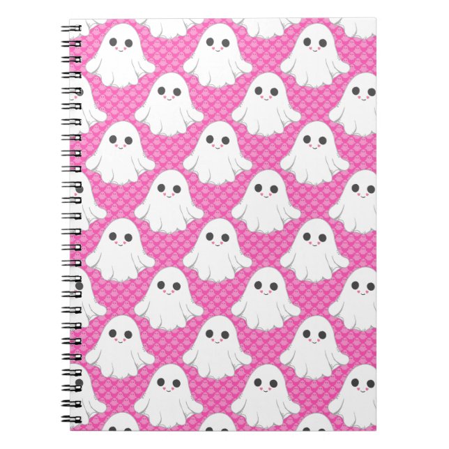 Cute Pink Ghost Pattern Kawaii Halloween Spiral  Notebook (Front)