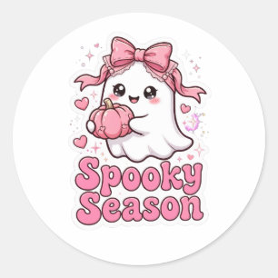Cute Pink Ghost Pumpkin Bow Classic Round Sticker