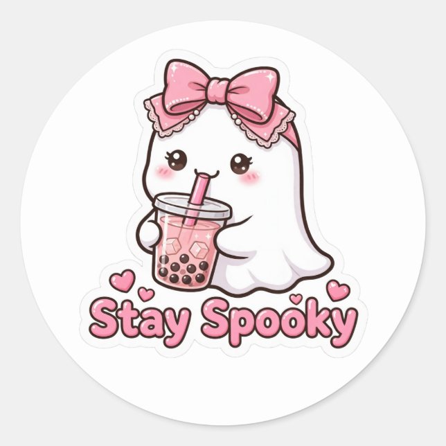 Cute Pink Ghost Pumpkin Bow Classic Round Sticker (Front)