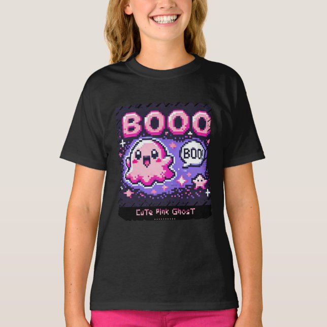 Cute Pink Ghost: Sweet and Spooky -kids girl shirt (Front)