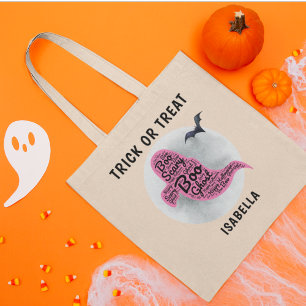 Cute Pink Ghost Word Art Halloween Trick  Treat   Tote Bag