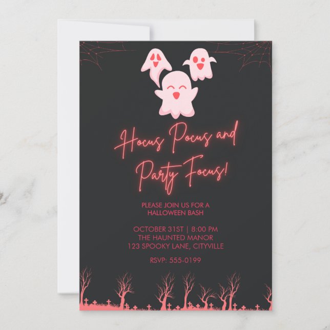 Cute Pink Ghosts Halloween Party Invitation | Neon (Front)