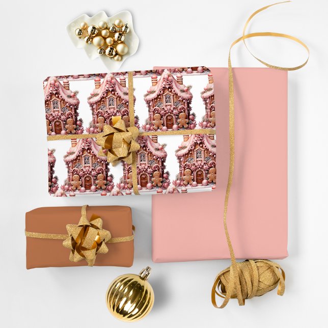Cute Pink Gingerbread House Wrapping Paper Sheet (Cute Pink Gingerbread House Wrapping Paper Sheets)