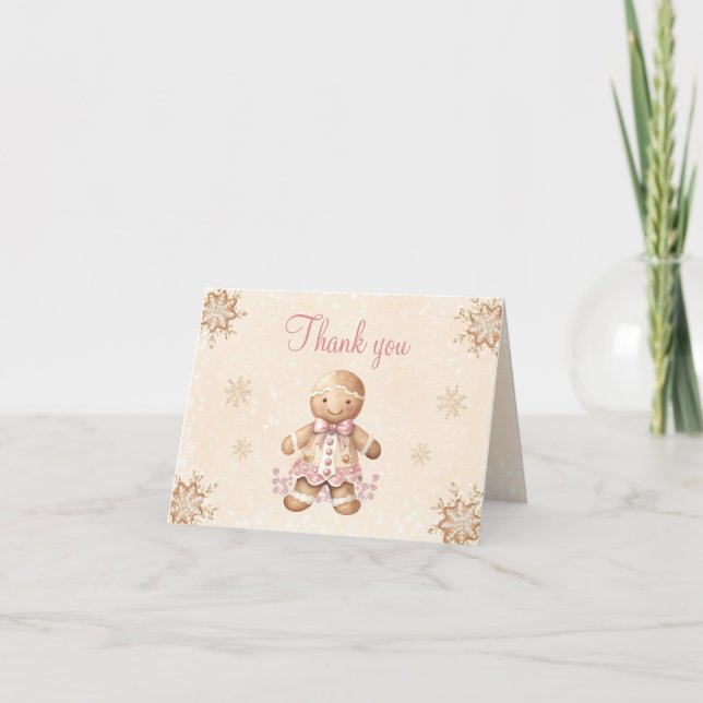 Cute Pink Gingerbread Man Christmas Baby Shower Thank You Card (Front)