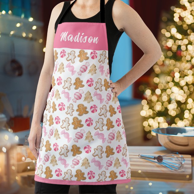 Cute Pink Gingerbread Pattern Personalised Baking Apron (Creator Uploaded)
