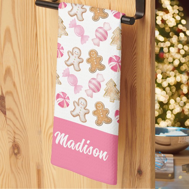 Cute Pink Gingerbread Pattern Personalised Baking  Tea Towel (Creator Uploaded)