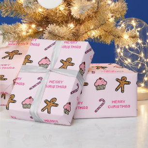 Cute Pink Gingerbread & Sweets Christmas Wrapping Paper