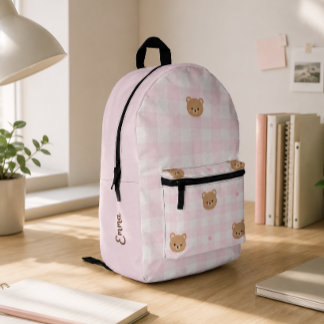 Cute Pink Gingham Bear Girl School Personalised Printed Backpack