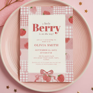 Cute Pink Gingham Berry Sweet Baby Shower Invitation