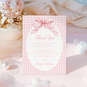 Cute Pink Gingham Bow Preppy Baby Girl Shower Thank You Card