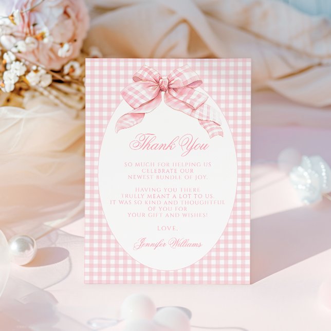 Cute Pink Gingham Bow Preppy Baby Girl Shower Thank You Card (Creator Uploaded)