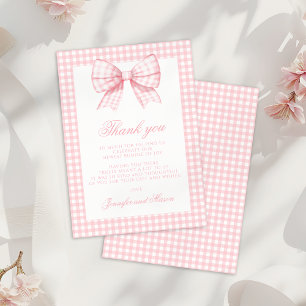 Cute Pink Gingham Bow Ribbon Baby Girl Shower Thank You Card