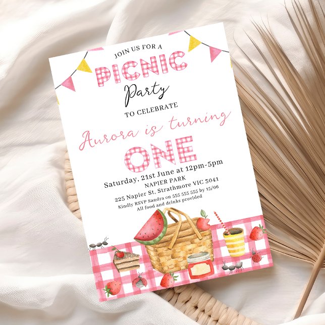 Cute Pink Gingham Bunting Flag Picnic 1st Birthday Invitation (Girls Picnic Party 1st Birthday Invitation Template, Pink Gingham Picnic 1st Birthday Invitation
)