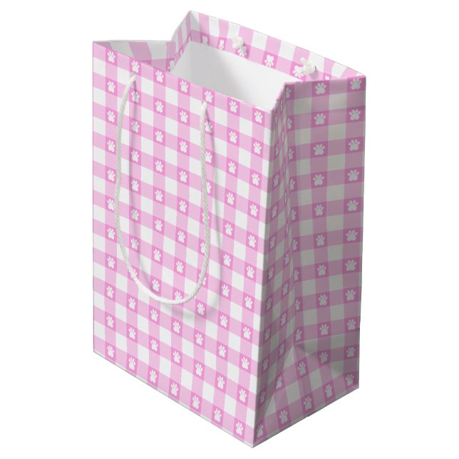 Cute Pink Gingham Paw Prints Gift Bag (Back Angled)