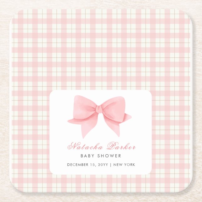 Cute Pink Gingham Plaid Bow Girl Baby Shower  Square Paper Coaster (Front)