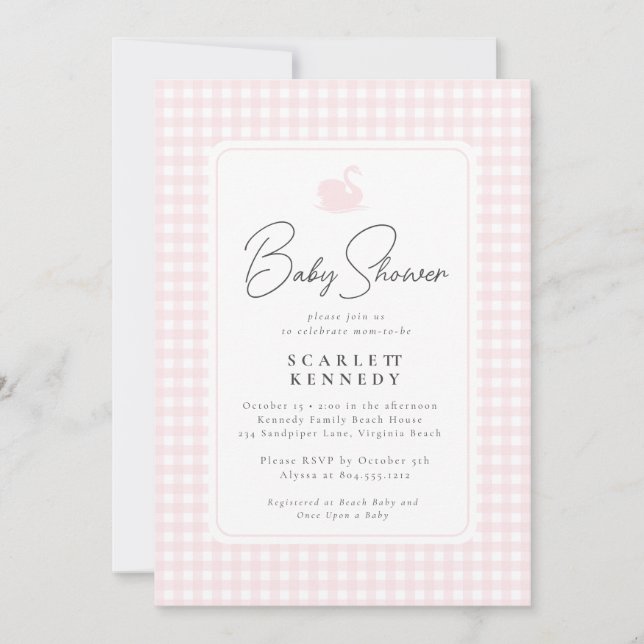 Cute Pink Gingham Swan Simple Baby Shower  Invitation (Front)