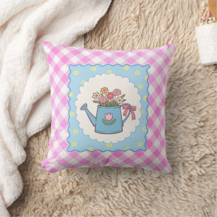 Cute Pink Gingham Watering Can Floral  Cushion