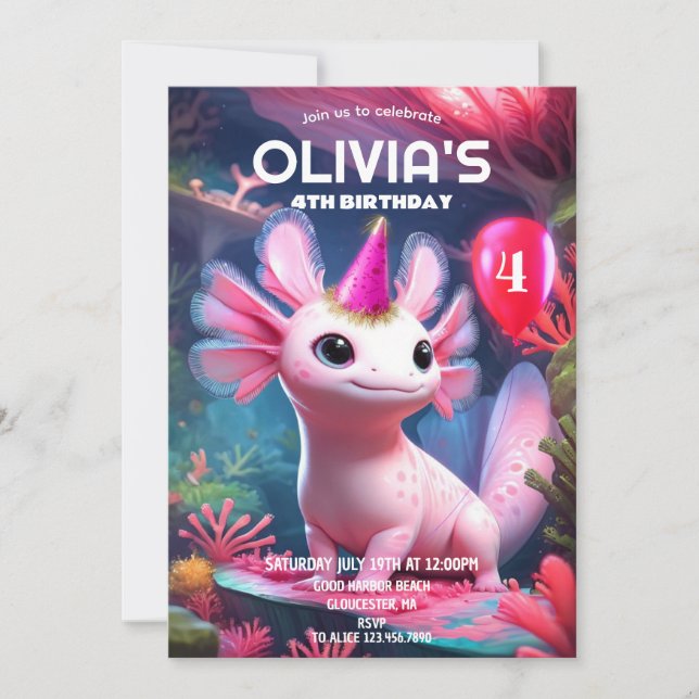 Cute Pink Girl Axolotl Birthday Invitation (Front)