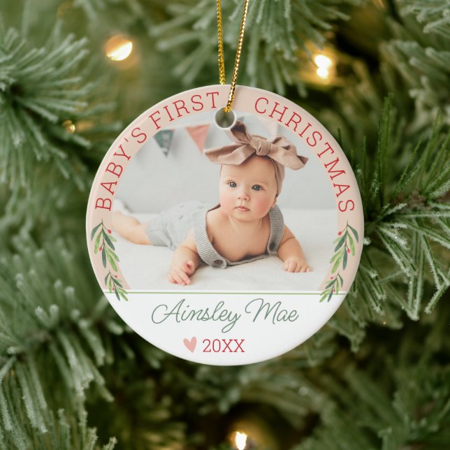 Cute Pink Girl Baby's First Christmas Photo Name Ceramic Tree Decoration (Tree)