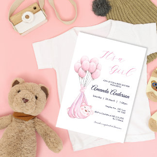 Cute Pink Girl Bear Balloon Baby Shower Invitation