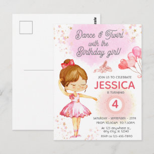 Cute Pink girl birthday ballet party Invitation Postcard