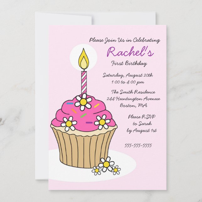 CUTE Pink Girl Cupcake Birthday Invitation (Front)