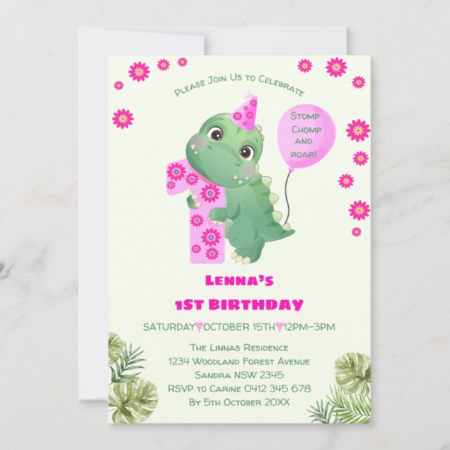  Cute pink  girl Dinosaur 1st Birthday Party  Invitation (Front)