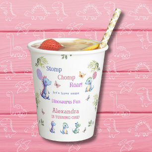 Cute Pink Girl Dinosaur 1st Birthday Party Paper Cups