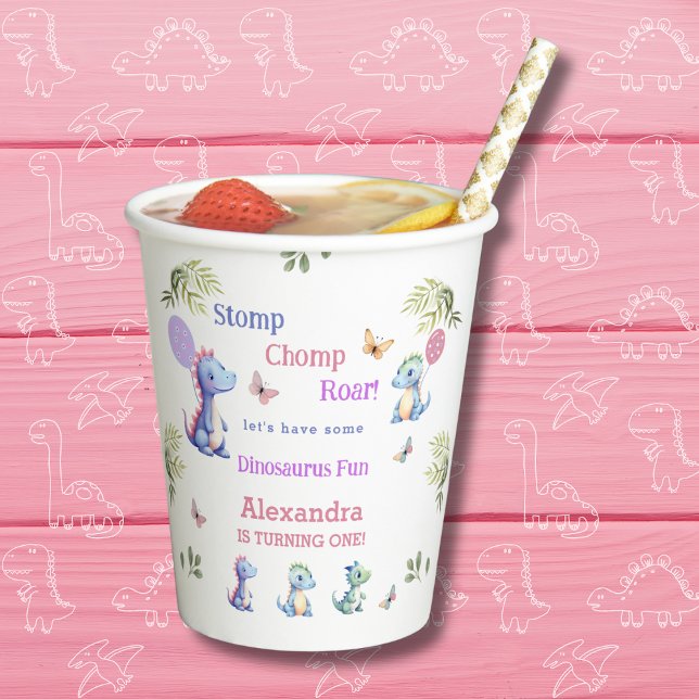Cute Pink Girl Dinosaur 1st Birthday Party Paper Cups (Creator Uploaded)