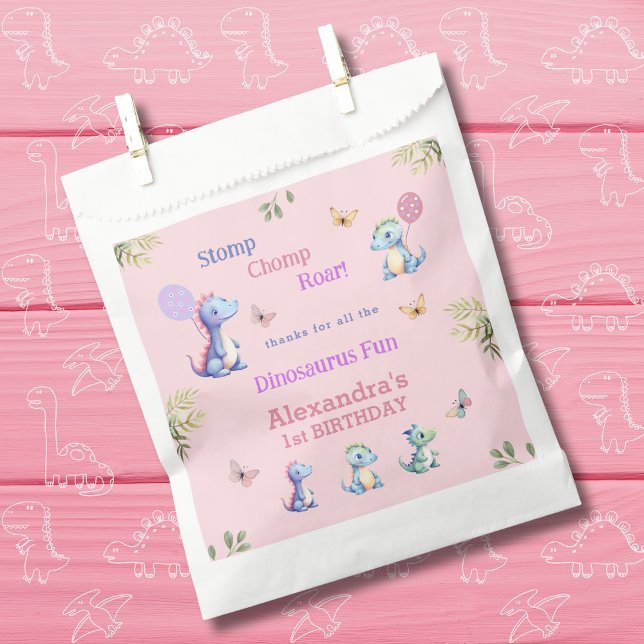 Cute Pink Girl Dinosaur 1st Birthday thank you Favour Bags (Creator Uploaded)