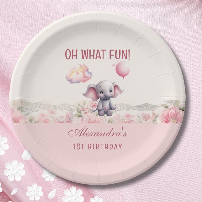 Cute Pink Girl Elephant 1st Birthday Party Paper Plate (Creator Uploaded)