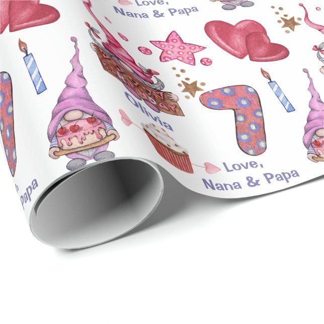 Cute Pink Girl Gnome Seven Year Old Birthday Wrapping Paper (Roll Corner)