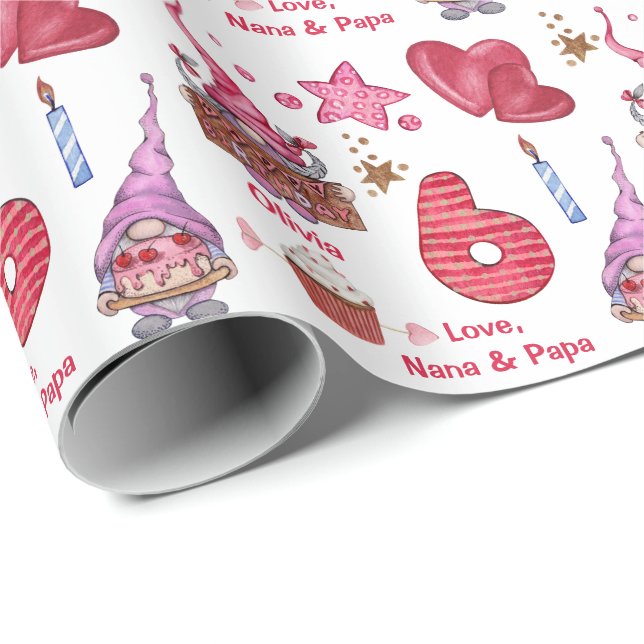 Cute Pink Girl Gnome Six Year Old Birthday Wrapping Paper (Roll Corner)