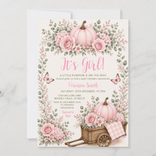 Cute Pink Girl Little Pumpkin Baby Shower Floral Invitation