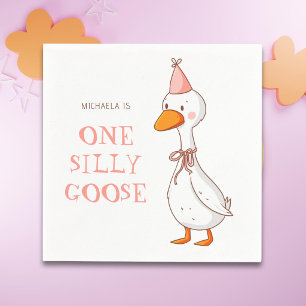 Cute Pink Girl One Silly Goose Birthday Napkin
