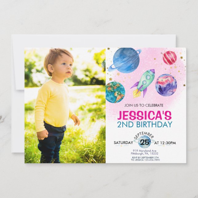 Cute Pink Girl Party Astronaut Birthday  Invitation (Front)