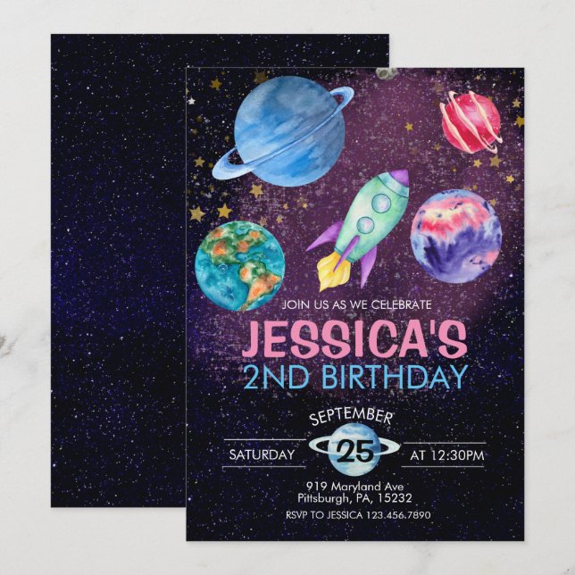 Cute Pink Girl Party Astronaut Birthday Postcard (Front/Back)