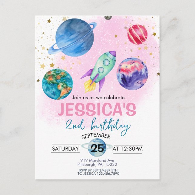  Cute Pink Girl Party Astronaut Birthday Postcard (Front)