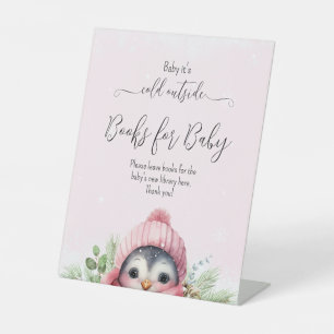 Cute Pink Girl Penguin Winter Baby Shower Pedestal Sign