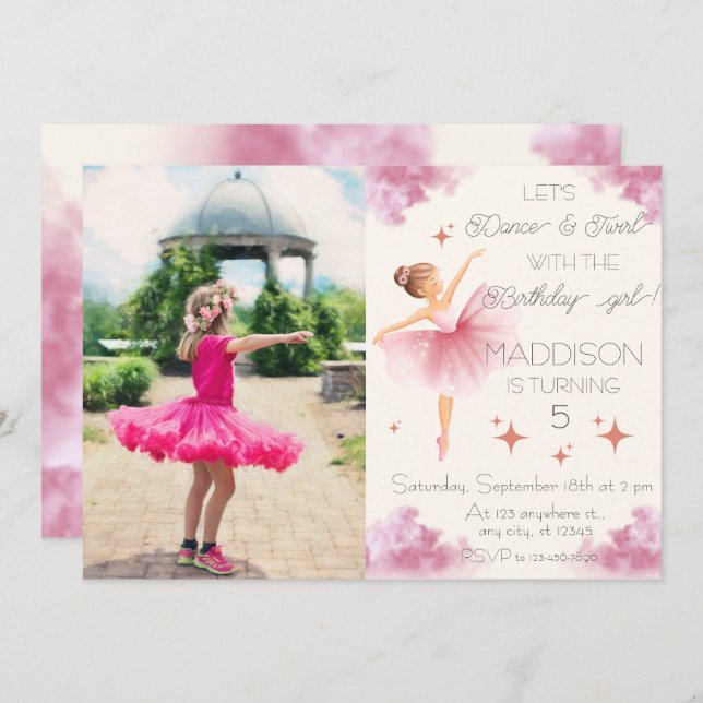 Cute Pink girl photo birthday ballet party Invitation (Front/Back)
