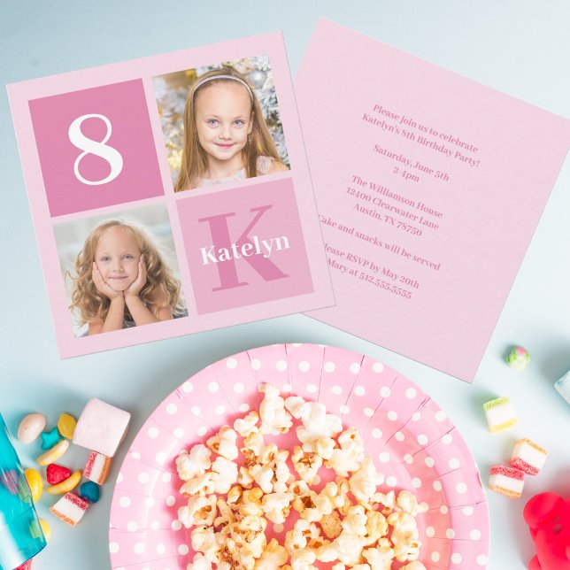 Cute Pink Girl Photo Collage Custom Birthday Party Invitation (Creator Uploaded)