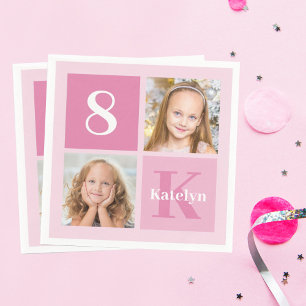 Cute Pink Girl Photo Collage Custom Birthday Party Napkin