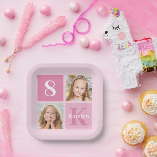 Cute Pink Girl Photo Collage Custom Birthday Party Paper Plate (Party)