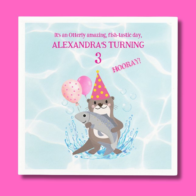 Cute Pink Girl Sea Otter Birthday Party Napkin (Creator Uploaded)