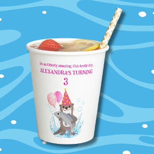Cute Pink Girl Sea Otter Birthday Party Paper Cups