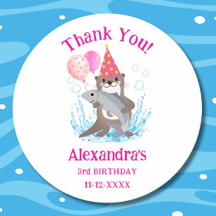 Cute Pink Girl Sea Otter Birthday Party Thank You Classic Round Sticker