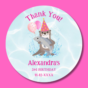 Cute Pink Girl Sea Otter Birthday Party Thank You Classic Round Sticker